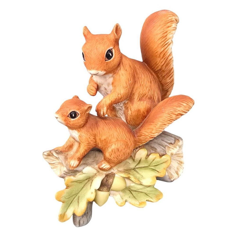Vintage HOMCO #1457 Squirrel Mom & Baby Figurine Woodland Ceramic Log Leaves